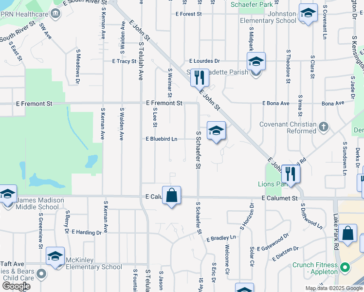 map of restaurants, bars, coffee shops, grocery stores, and more near 1709 South Rebecca Lane in Appleton
