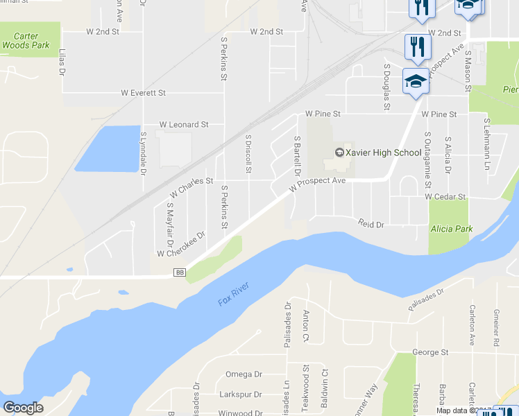 map of restaurants, bars, coffee shops, grocery stores, and more near 2020 West Prospect Avenue in Appleton