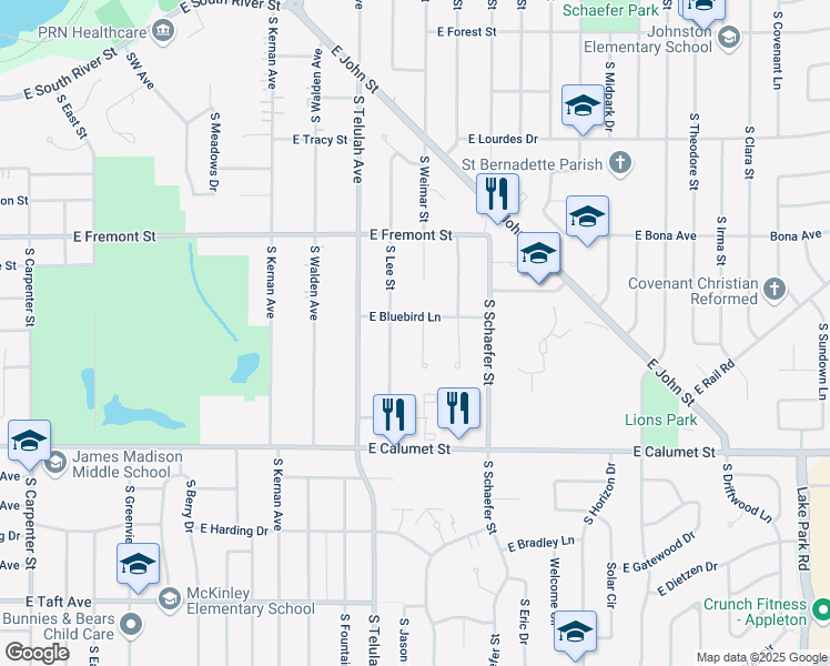 map of restaurants, bars, coffee shops, grocery stores, and more near 1709 South Weimar Street in Appleton