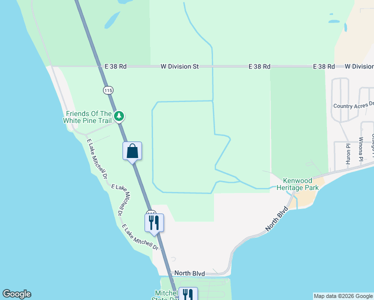 map of restaurants, bars, coffee shops, grocery stores, and more near 6201-6399 State Highway 115 in Cadillac