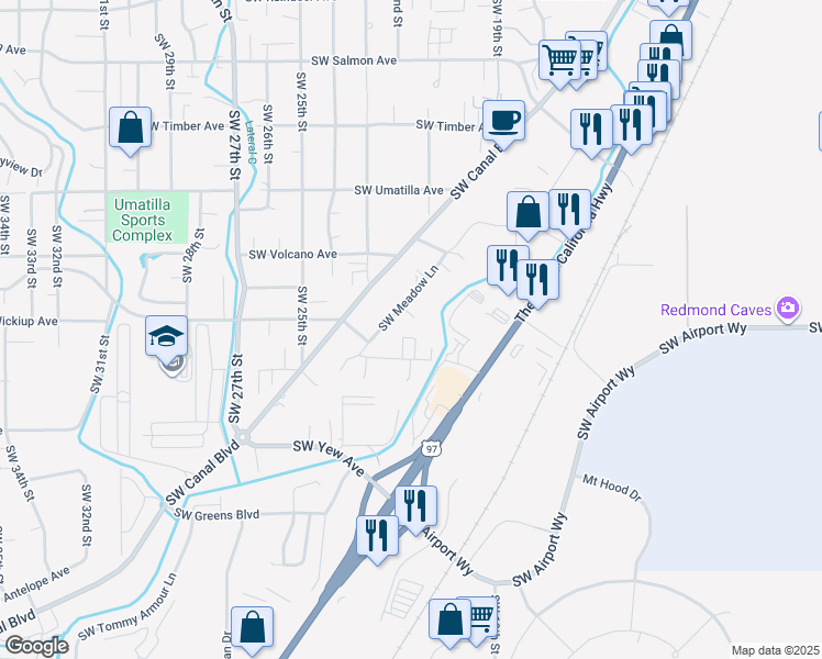 map of restaurants, bars, coffee shops, grocery stores, and more near 2118 Southwest Meadowbrook Drive in Redmond