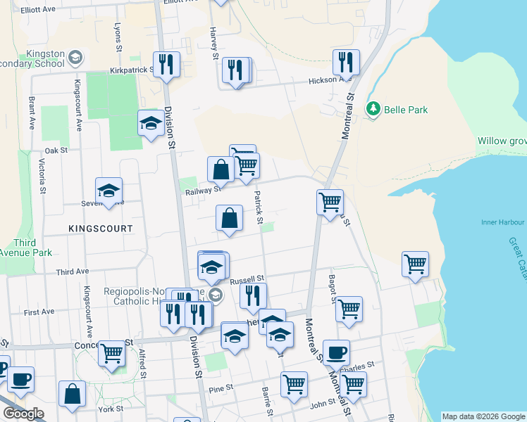 map of restaurants, bars, coffee shops, grocery stores, and more near 375 Patrick Street in Kingston