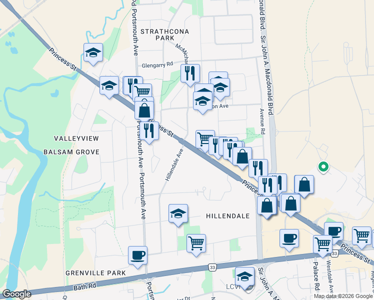 map of restaurants, bars, coffee shops, grocery stores, and more near 1274 Princess Street in Kingston