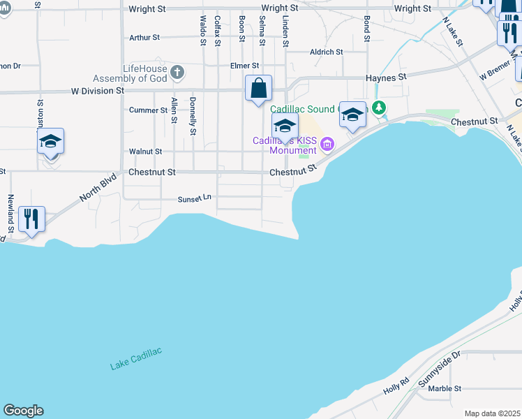 map of restaurants, bars, coffee shops, grocery stores, and more near 701 Lake Shore Drive in Cadillac