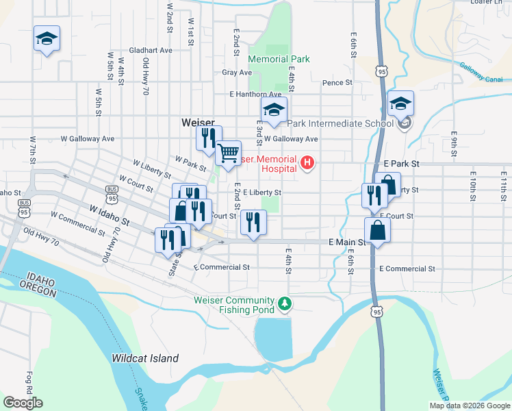 map of restaurants, bars, coffee shops, grocery stores, and more near 262 East Court Street in Weiser