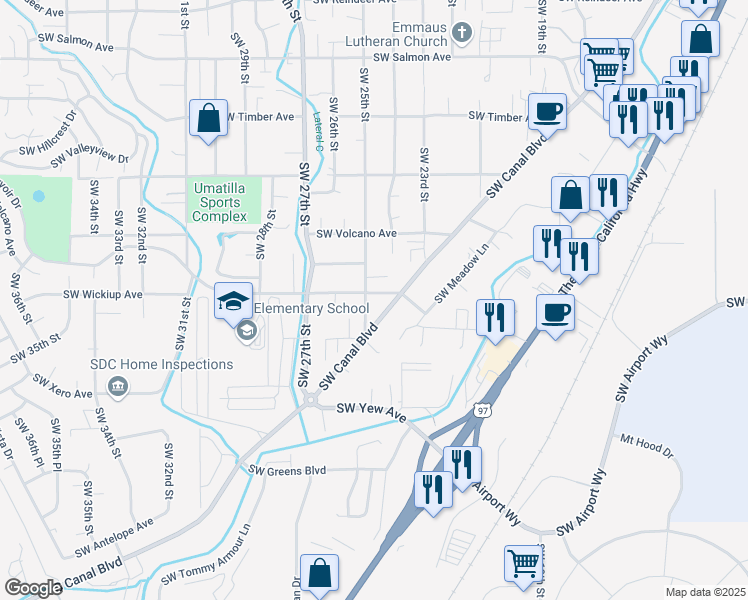 map of restaurants, bars, coffee shops, grocery stores, and more near 3145 Southwest 25th Street in Redmond