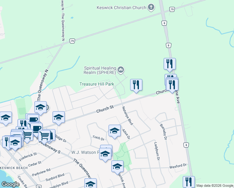 map of restaurants, bars, coffee shops, grocery stores, and more near 90-108 Church Street in Georgina