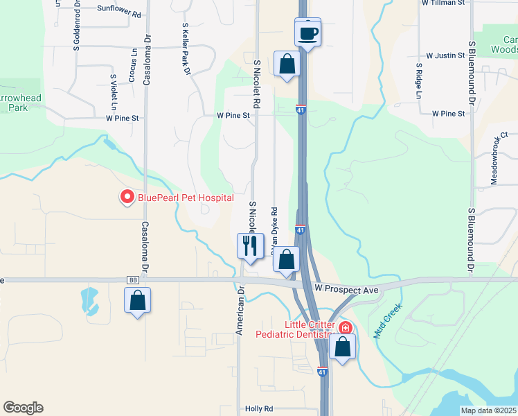 map of restaurants, bars, coffee shops, grocery stores, and more near 1701 South Van Dyke Road in Appleton