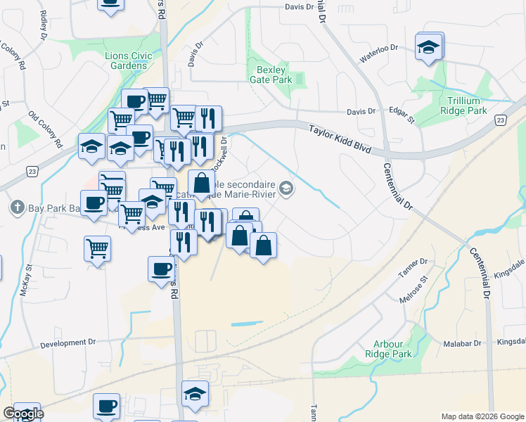 map of restaurants, bars, coffee shops, grocery stores, and more near 1342 Demers Avenue in Kingston