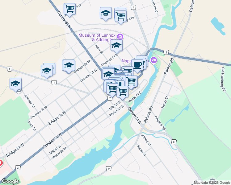 map of restaurants, bars, coffee shops, grocery stores, and more near 3 Dundas Street West in Napanee