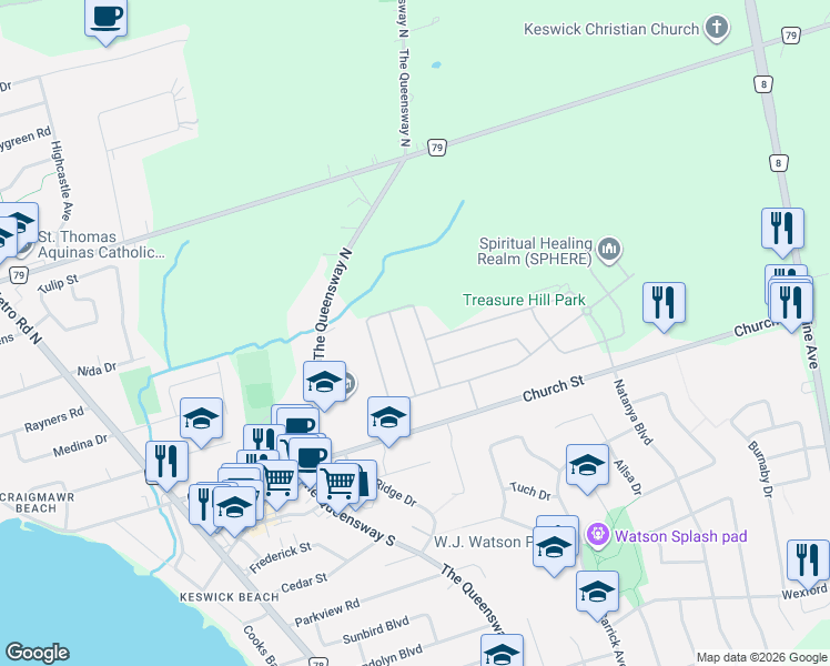 map of restaurants, bars, coffee shops, grocery stores, and more near 362 Danny Wheeler Boulevard in Georgina