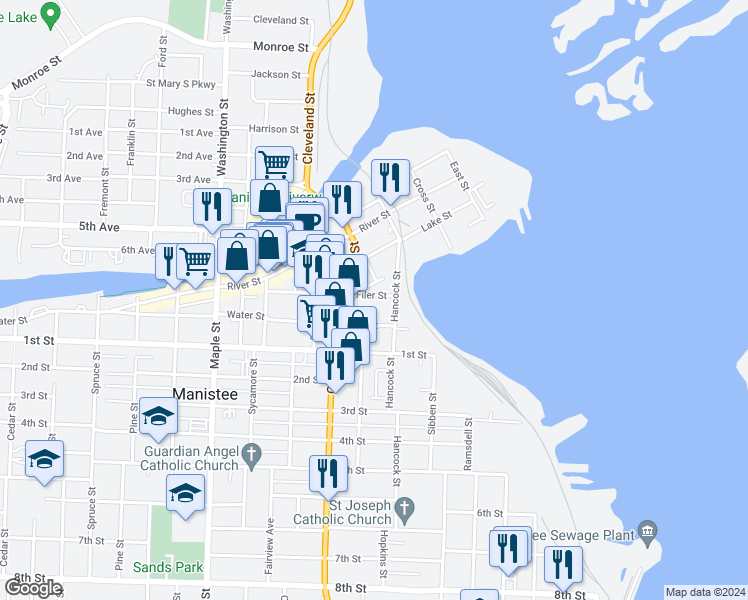 map of restaurants, bars, coffee shops, grocery stores, and more near 15 Filer Street in Manistee