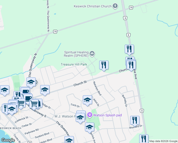 map of restaurants, bars, coffee shops, grocery stores, and more near 14 Connell Drive in Georgina