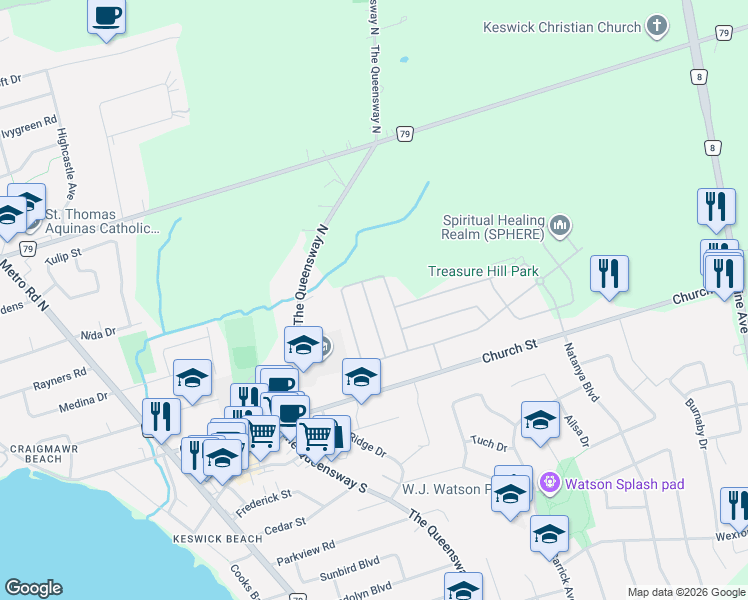 map of restaurants, bars, coffee shops, grocery stores, and more near 33 Valleo Street in Georgina