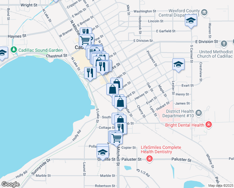map of restaurants, bars, coffee shops, grocery stores, and more near 409 South Mitchell Street in Cadillac