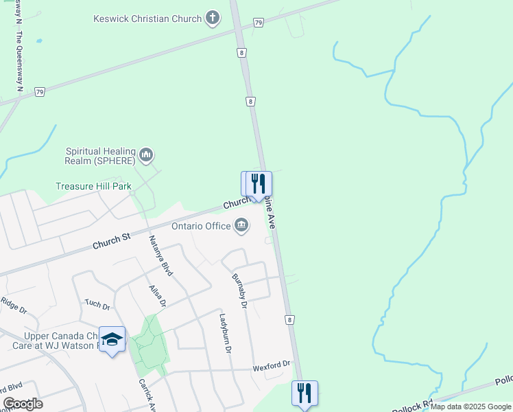 map of restaurants, bars, coffee shops, grocery stores, and more near 1 Church Street in Georgina