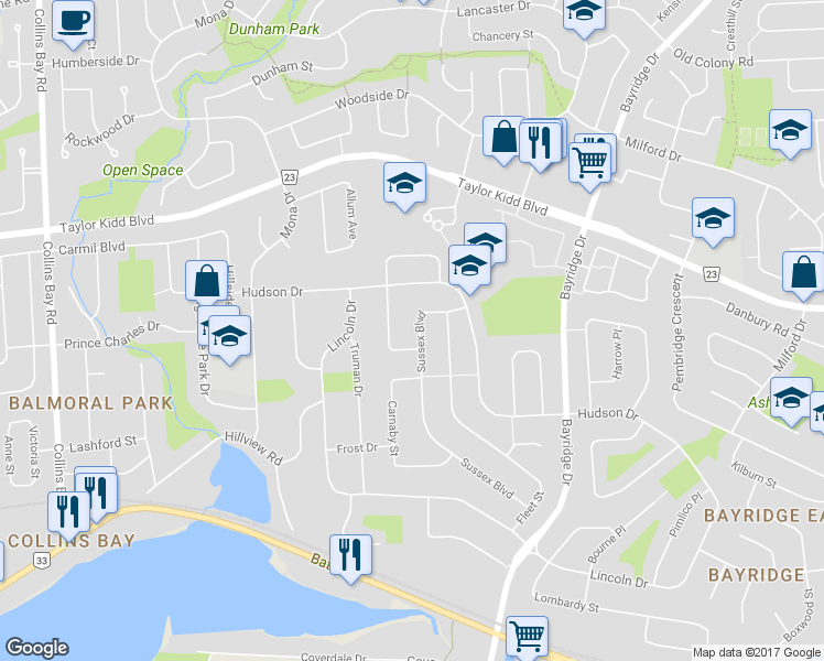 map of restaurants, bars, coffee shops, grocery stores, and more near 745 Sussex Boulevard in Kingston