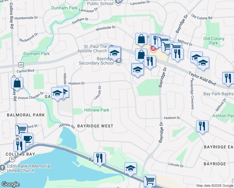 map of restaurants, bars, coffee shops, grocery stores, and more near 745 Sussex Boulevard in Kingston