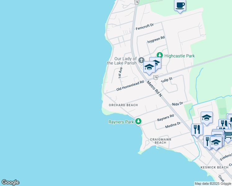 map of restaurants, bars, coffee shops, grocery stores, and more near 325 Old Homestead Road in Georgina