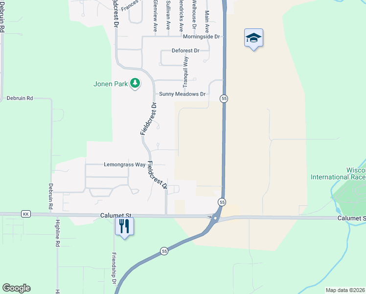 map of restaurants, bars, coffee shops, grocery stores, and more near 215 Nikki Lane in Kaukauna