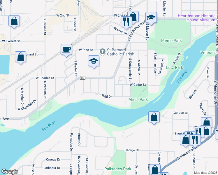 map of restaurants, bars, coffee shops, grocery stores, and more near 1709 South Douglas Street in Appleton