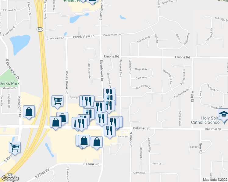 map of restaurants, bars, coffee shops, grocery stores, and more near N202 Eastowne Ln in Appleton