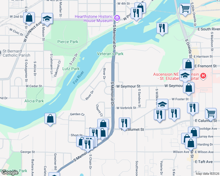 map of restaurants, bars, coffee shops, grocery stores, and more near 1618 Ravinia Place in Appleton