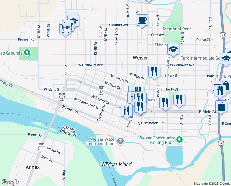 map of restaurants, bars, coffee shops, grocery stores, and more near 225 West Main Street in Weiser