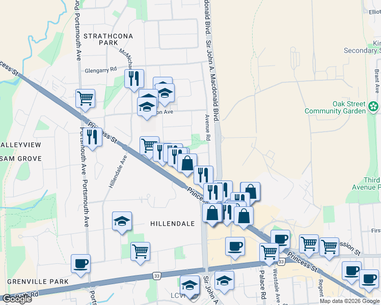 map of restaurants, bars, coffee shops, grocery stores, and more near 1187 Princess Street in Kingston