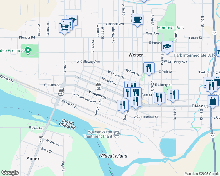 map of restaurants, bars, coffee shops, grocery stores, and more near 240 West Main Street in Weiser