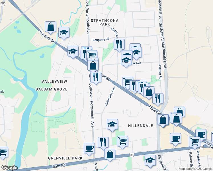 map of restaurants, bars, coffee shops, grocery stores, and more near 1316 Princess Street in Kingston