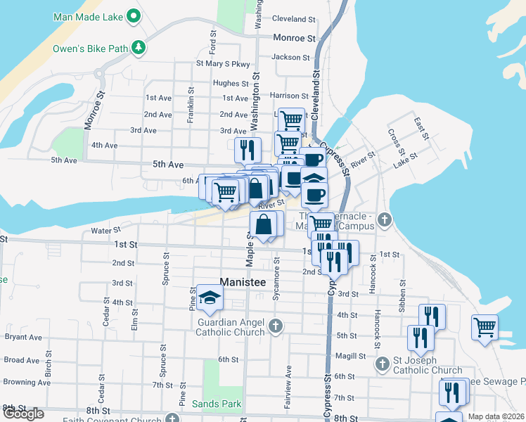 map of restaurants, bars, coffee shops, grocery stores, and more near 397 River Street in Manistee