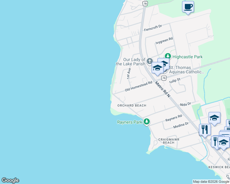 map of restaurants, bars, coffee shops, grocery stores, and more near 328 Old Homestead Road in Georgina