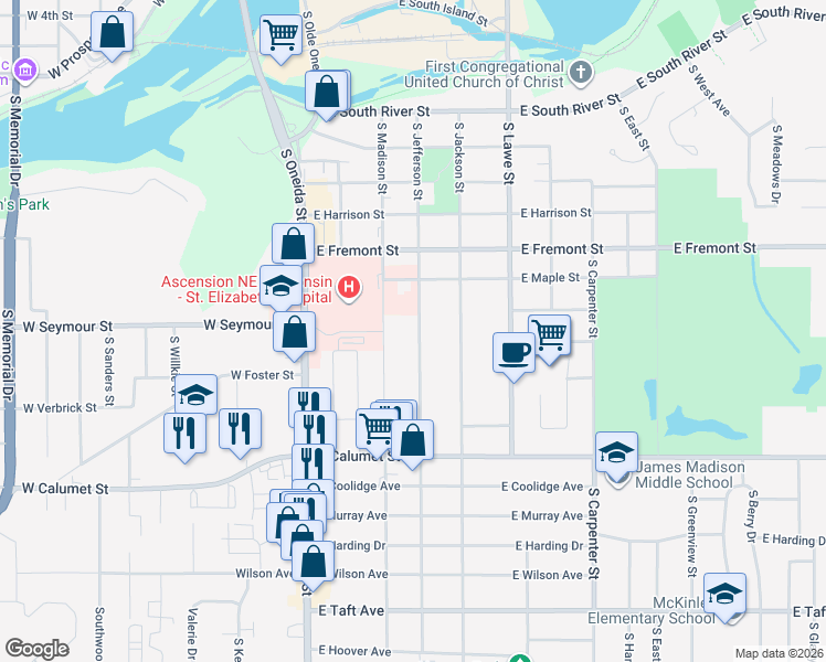 map of restaurants, bars, coffee shops, grocery stores, and more near 1708 South Jefferson Street in Appleton