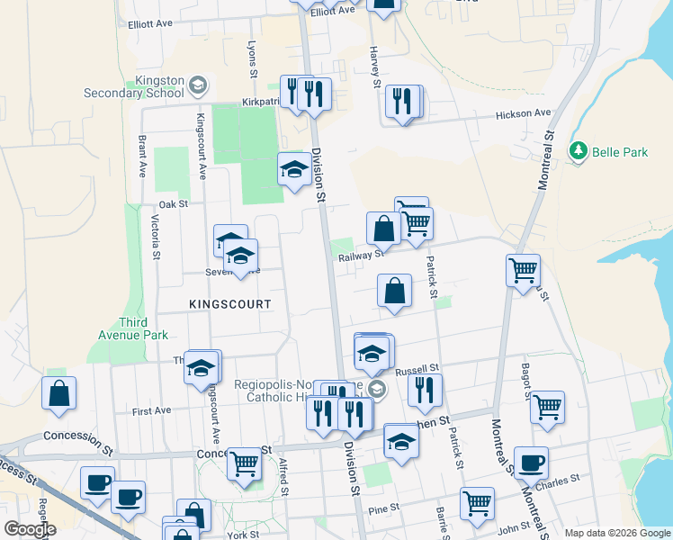 map of restaurants, bars, coffee shops, grocery stores, and more near 623 Division Street in Kingston