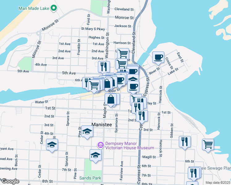 map of restaurants, bars, coffee shops, grocery stores, and more near 375 River Street in Manistee