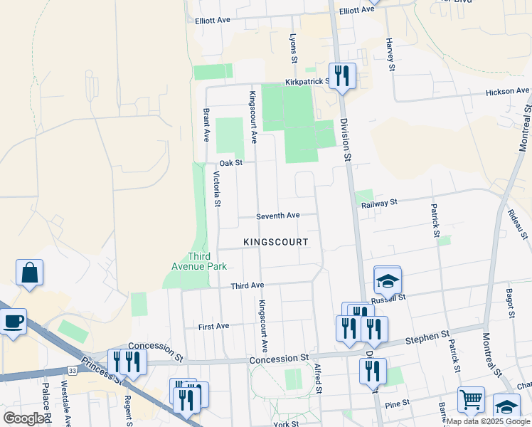 map of restaurants, bars, coffee shops, grocery stores, and more near 61 Seventh Avenue in Kingston