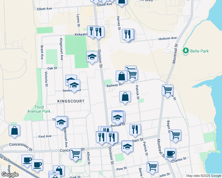 map of restaurants, bars, coffee shops, grocery stores, and more near 605 Division Street in Kingston