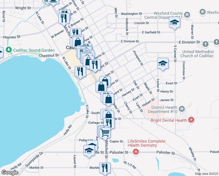 map of restaurants, bars, coffee shops, grocery stores, and more near 409 South Mitchell Street in Cadillac