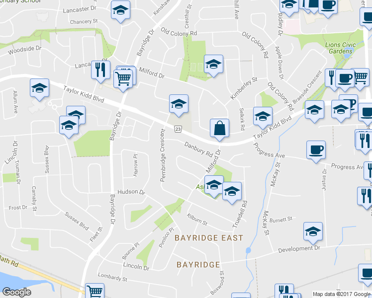 map of restaurants, bars, coffee shops, grocery stores, and more near 876 Ludgate Crescent in Kingston