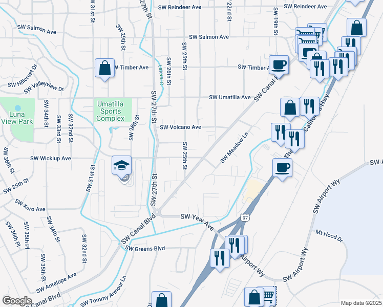 map of restaurants, bars, coffee shops, grocery stores, and more near 2960 Southwest 24th Street in Redmond