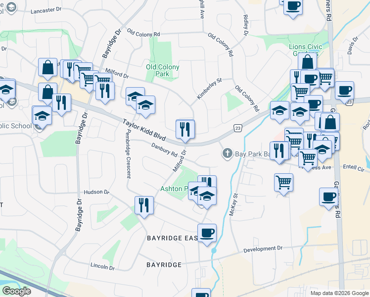 map of restaurants, bars, coffee shops, grocery stores, and more near 720 Milford Drive in Kingston