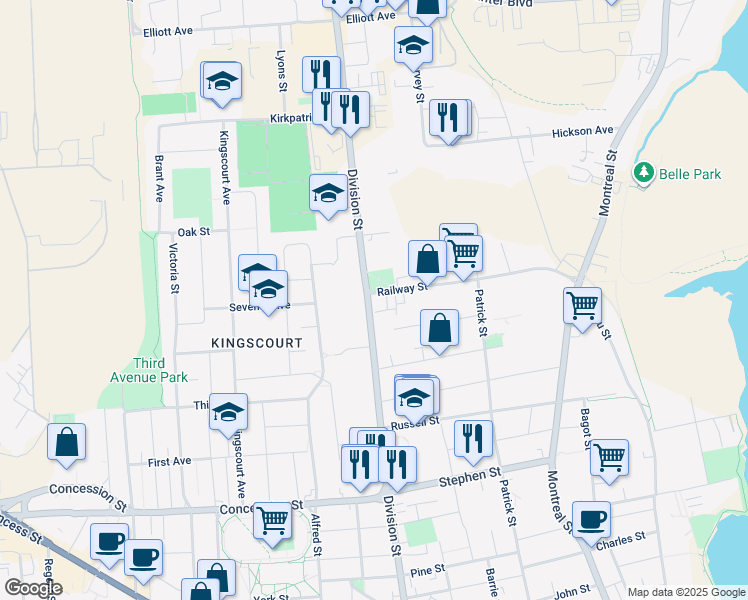 map of restaurants, bars, coffee shops, grocery stores, and more near 629 Division Street in Kingston