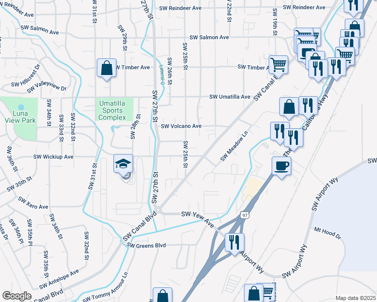 map of restaurants, bars, coffee shops, grocery stores, and more near 2525 Southwest Volcano Way in Redmond