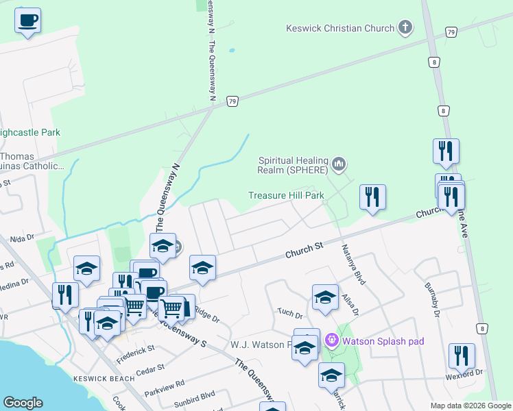 map of restaurants, bars, coffee shops, grocery stores, and more near 108 Connell Drive in Georgina