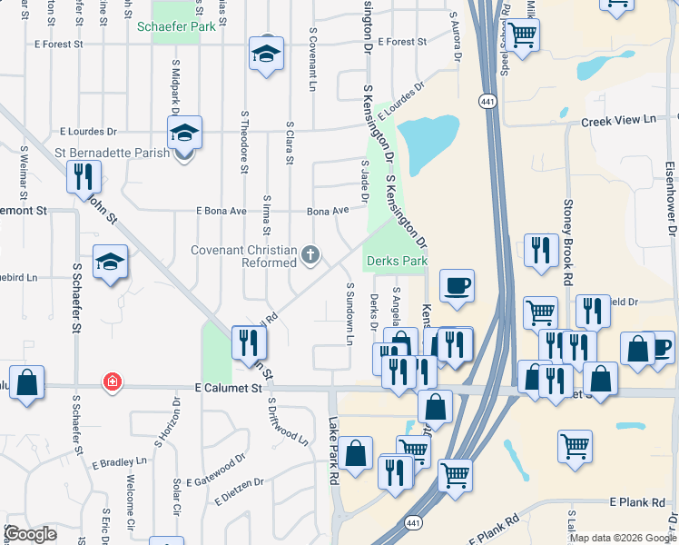 map of restaurants, bars, coffee shops, grocery stores, and more near 1518 Covenant Lane in Appleton
