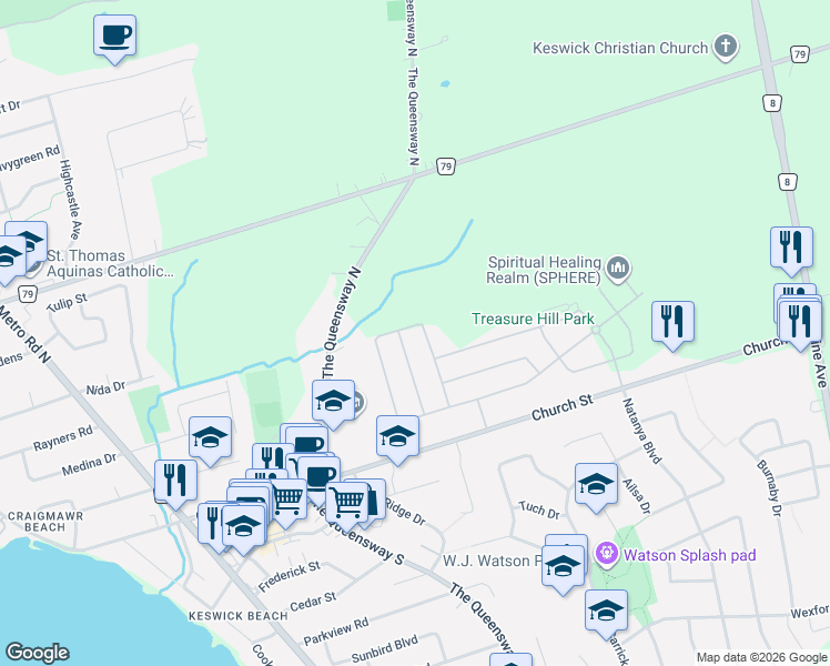 map of restaurants, bars, coffee shops, grocery stores, and more near 333 Danny Wheeler Boulevard in Georgina