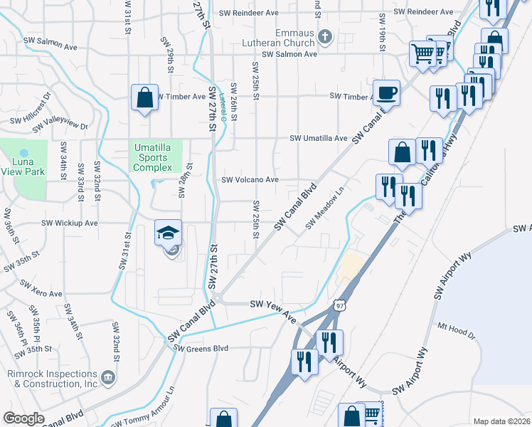 map of restaurants, bars, coffee shops, grocery stores, and more near 2960 Southwest 24th Street in Redmond