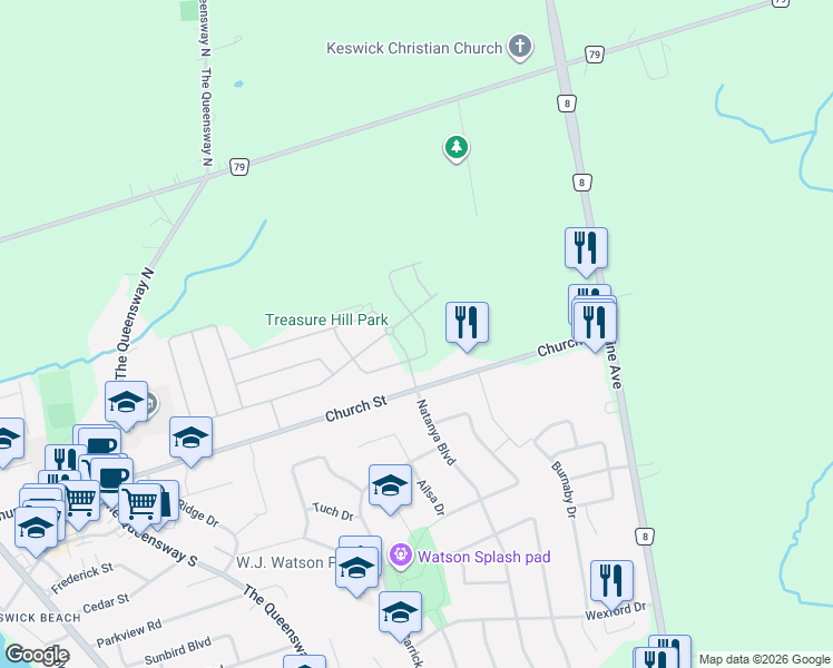 map of restaurants, bars, coffee shops, grocery stores, and more near 84 Church Street in Georgina