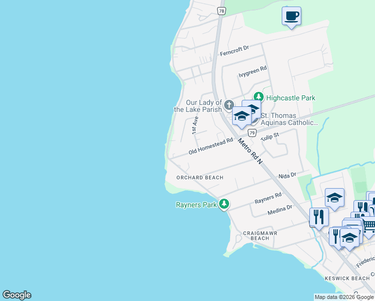 map of restaurants, bars, coffee shops, grocery stores, and more near 122 1st Avenue in Georgina
